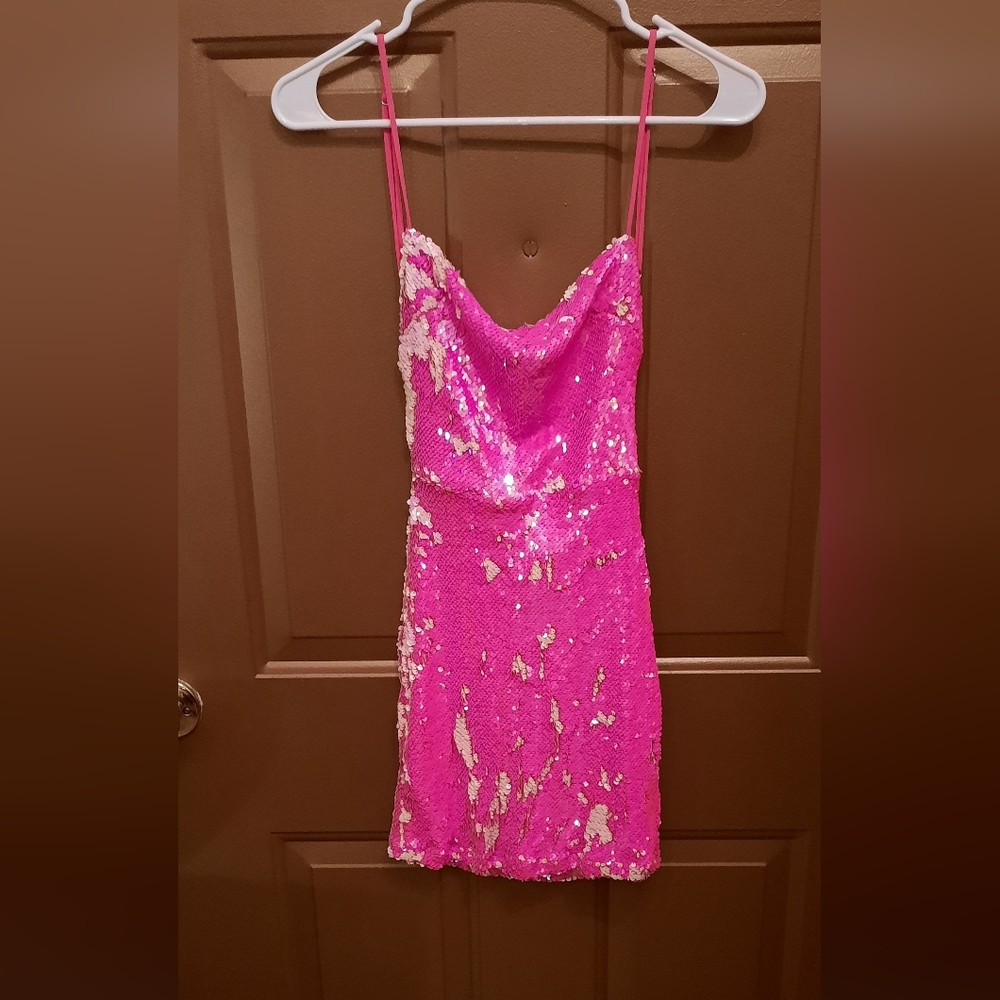 Lucy in the Sky Hot Pink Sequin Mini Dress with Gold Accents